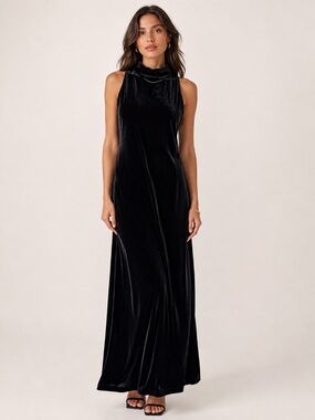 Ralph Lauren Black Velvet Maxi Dress L High Neck Sleeveless Back Slit